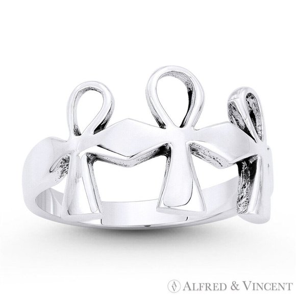 Egyptian Ankh Cross Key-of-Life Triple Charm in .925 Sterling Silver - Size 10 - Picture 1 of 1